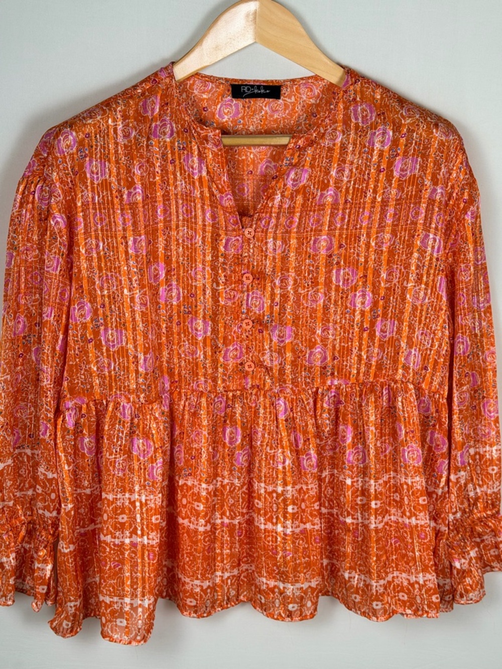 Boho Floral Blouse Orange Peplum Top Babydoll Gauze Lightweight Size M L